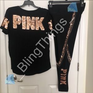 💎Rare VS PINK Rose Gold Bling Shirt and Cheetah Legging Set💎